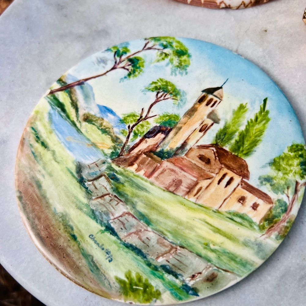 Charming Village Scene Ceramic Art Plate Wine Bottle Coaster Trivet
